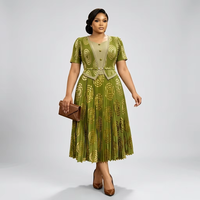 Robe Midi Plissée de Soirée Élégante à Taille Empire, Imprimé Anneaux Concentriques Dorés, Haute Élasticité, Courte, Collection Source Factory