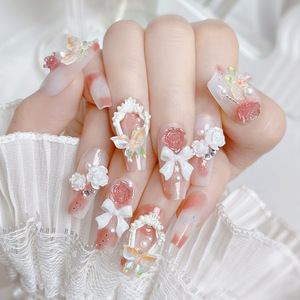 24 pièces/ensemble de faux ongles de luxe en ABS à presser, forme ballerine cercueil moyenne, motif papillon, faits à la main, rose, couvrance totale, pour salon - Product Image 1