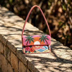 Bolso Rectangular Hecho a Mano con Bordado Lavable para Uso Diario, Diseño de Palmera Tropical y Atardecer Rosa, Adornado con Cuentas de Vidrio - Product Image 1