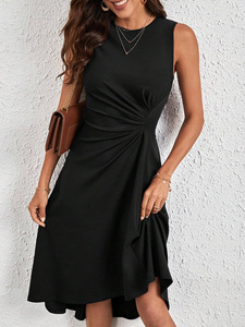 Vestido Midi Casual para Mujer, Color Verde Negruzco, con Cuello Redondo y Detalle Fruncido, Talla XL, Sin Mangas, Color Sólido, Venta al Por Mayor - Product Image 3