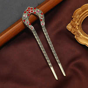 Épingles à cheveux rétro de style coréen, ornements capillaires, accessoires capillaires en gros, épingles à cheveux double-fourche en strass motif fleur de pêcher antique - Product Image 1