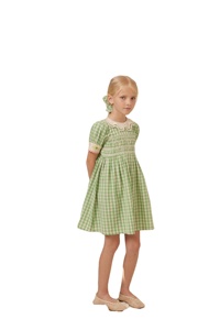 Vestido a Cuadros Verde para Niñas con Cuello Peter Pan de Encaje, Vestido de Algodón para Niñas con Mangas Cortas y Bordado - Product Image 2