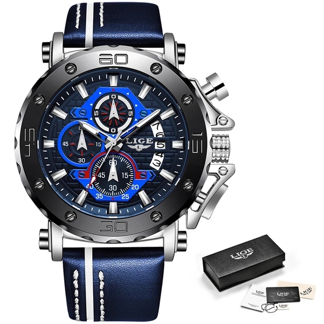 Lige 9996 Functional Display Quartz Watches Male Water Proof Lige Brand Men Leather Wristwatch