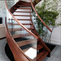 USA Canada Villa Escaliers modernes de luxe en verre avec rampe en bois Design Escalier incurvé en verre