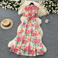 Robes décontractées pour femmes, col montant, boutonnée, manches courtes, dentelle ajourée, robe florale