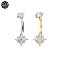 Vente en gros de bijoux de corps en titane ASTM F136 plaqué or 18 carats avec zircon, motif papillon et fleur, pour piercing de nombril