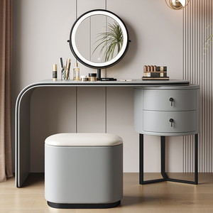 Ensemble de coiffeuse moderne de luxe en bois <span class=keywords><strong>blanc</strong></span> pour chambre à coucher avec tiroirs, miroir LED, meuble multifonctionnel au design unique - Product Image 2