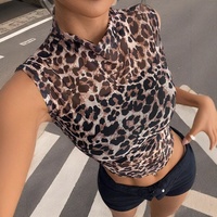 Nouveau T-shirt court sexy sans manches à col montant en maille imprimé léopard amincissant pour femme – Collection Été 2026