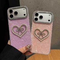 Funda de Teléfono Móvil con Diseño de Corazón y Lazo de Diamantes, en Mármol Cristalino IMD, para iPhone 11 12 13 14 15 16 17 Pro Max, para Chicas
