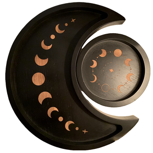 Bandeja Decorativa de Madera con Forma de Luna Creciente, Grabada con Fases Lunares, Estilo Bohemio, Plato Redondo para Servir, Diseño de Patrón Abstracto - Product Image 1