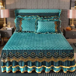 Luxury Lace Bed Sheet Skirts Bedspread Embroidery Bed Skirts European Purple Velvet Bedding For Home