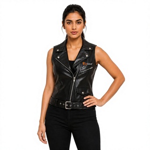 Gilet moto décontracté pour femme Tiierwear en cuir PU noir imperméable avec fermeture éclair, col cranté et broderie unie - Product Image 1