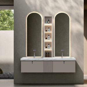 Meuble-lavabo de salle de bain moderne en bois avec vasque en céramique Armoire à miroir étanche à LED et <span class=keywords><strong>placard</strong></span> pour appartement et hôtel - Product Image 2