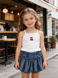 Completo estivo da bambina in 2 pezzi, top a costine e gonna in denim con volant, set di abbigliamento casual - Product Image 2