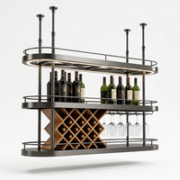 Étagère à vin ovale en acier inoxydable à double niveau avec éclairage LED, support mural pour bar, étagère à vin en bois pour la décoration du hall d'hôtel