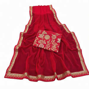 Conjunto de Saree Rojo Bordado con Flores, Vestido de Bollywood para Actuaciones, Traje Étnico para Fiestas - Product Image 1