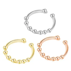 New Arrival 18k PVD Plated Fashion Minimalist Elegant Wholesale Stainless Steel Bead Moveable Adjustable Finger Rings For Women