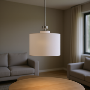 Luminaire suspendu en forme de tambour, métal et tissu blanc, grand modèle, E26 LED, décoration intérieure - Product Image 2