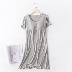 Baju tidur wanita, baju tidur wanita lembut Modal gaun tidur musim panas lengan pendek nyaman <span class=keywords><strong>Midi</strong></span> <span class=keywords><strong>pakaian</strong></span> tidur dengan rak bawaan Bra grosir Logo kustom - Product Image 3