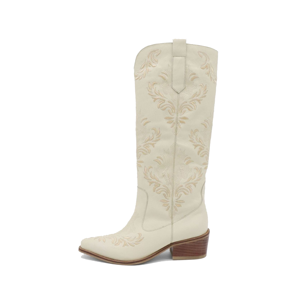 <span class=keywords><strong>Stivali</strong></span> da Cowgirl alla Moda per Donna con Ricami, Tacco Basso e Alto, Altezza al Ginocchio, Taglia 43, in Pelle PU Bianca - Product Image 1