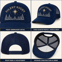 Casquettes de camionneur à 5 panneaux en maille de daim brodées, motif sapin de Noël, neige et plantes persistantes, pour l'hiver, avec visière incurvée