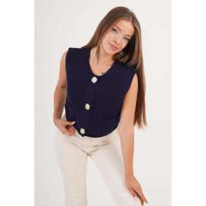 Chaleco de Punto Azul Marino para Mujer, Prenda Exterior Transpirable 100% Poliéster, Top Corto sin Mangas con Bolsillos - Product Image 6