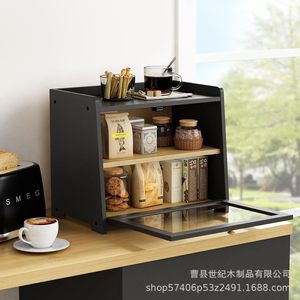 Boîte de rangement à pain double couche en bois massif, présentoir transparent noir, organisateur de condiments pour comptoir de cuisine - Product Image 5