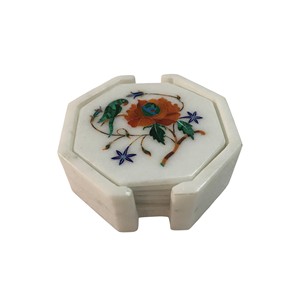 White Marble Inlaid <b>Tea</b> <b>Coaster</b> Set Handmade Semiprecious Stone Inlay Work Modern Floral <b>Coasters</b> with Holder Luxury Home - Product Image 2