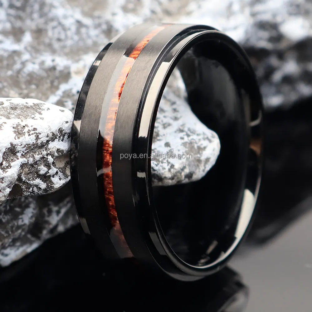 POYA Jewelry Mens Wedding Band Black Plated Koa Wood Inlay 8mm Stainless Steel Rings