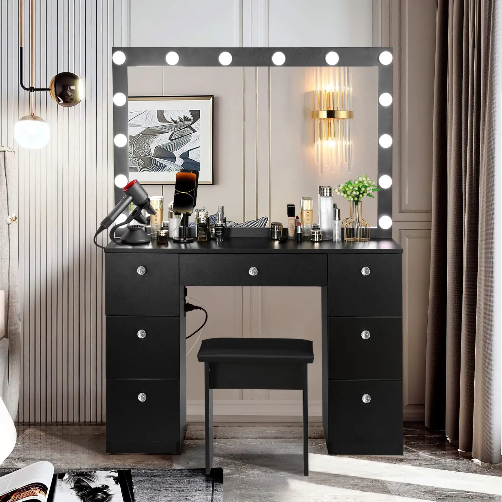 Moderne Houten Muur-Gemonteerde Kaptafel Met Led Spiegel En Laden Luxe Hollywood Make-Up Make-Up Ontwerp Voor Slaapkamer