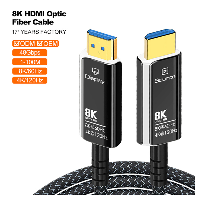 A001 8K Dual-Color for HDMI 2.1 Fiber Optic Cable with PVC Jacket HDMI 2.1 Connection Wire Black & White for HDTV