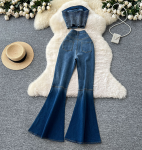 Ensembles <span class=keywords><strong>en</strong></span> <span class=keywords><strong>jean</strong></span> pour femmes, costume <span class=keywords><strong>en</strong></span> <span class=keywords><strong>jean</strong></span> pour femmes avec paillettes, haut sans manches dos nageur et pantalon évasé taille haute, tendance - Product Image 2