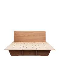 Lit plateforme en bois naturel, cadre de lit double, sommier avec tête de lit et support en lattes de bois, lit plateforme
