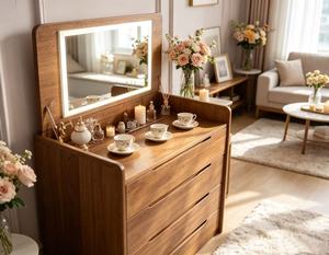 Walnut 4 Drawer Dressing Chest Flip Top LED Light <b>Mirror</b> Multifunctional Bedroom Makeup Storage Vanity Cabinet - Product Image 3