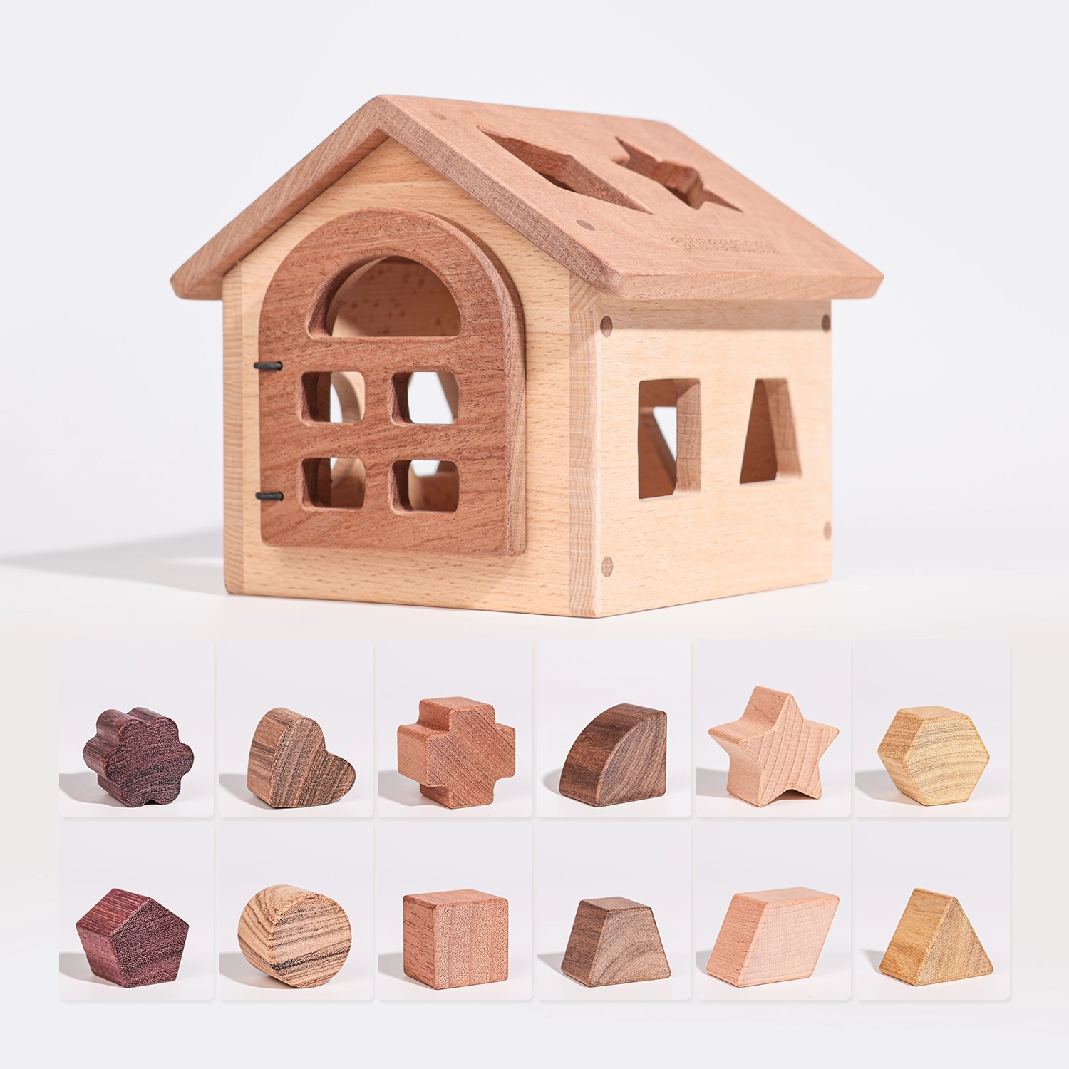 Caja de madera infantil con casita, 12 piezas - Envío exprés.