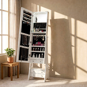 Armoire à bijoux décorative moderne en bois avec bande LED, miroir pleine longueur sur pied, étagère à maquillage pliable - Product Image 1