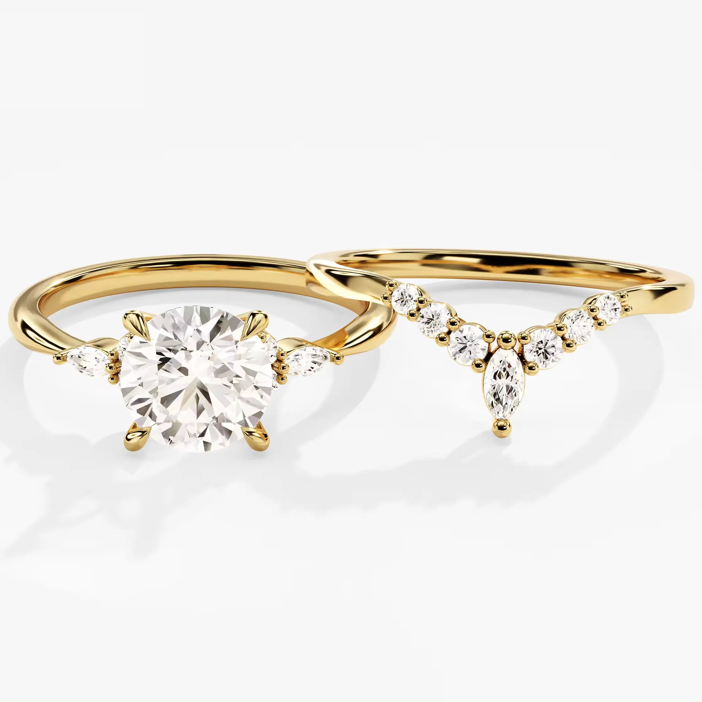 Vintage elmas düğün Band seti 14k altın kavisli aksan elmas nişan yüzüğü yuvarlak küme alyans