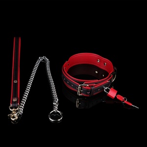 Red & Black Adjustable Leather BDSM <b>Collar</b> with Lock and Metal Chain, Fetish <b>Bondage</b> Neck Accessory for Adult Role Play - Product Image 5