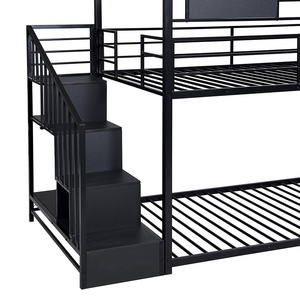 Camas Literas Metálicas Bajas, Dos Camas Individuales Superpuestas con Tobogán y Escalera de Almacenamiento, Diseño Moderno para Apartamentos, Hoteles y Dormitorios - Product Image 5