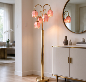 Lampe sur pied créative en forme de tulipe à 5 têtes, en verre rose et métal, pour la décoration de la maison, du salon ou du bureau - Vente en gros - Product Image 1