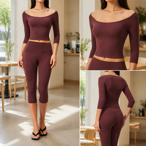 Ensemble de vêtements de sport pour femmes, haut court à épaules dénudées à manches 3/4, leggings capri, tenue de yoga et de gym, soutien doux, logo personnalisé, vêtements de sport - Product Image 2