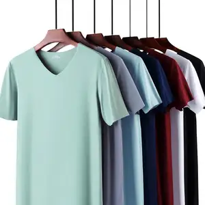 夏のトレースレスアイスシルク半袖Tシャツスリムフィットカジュアル通気性VネックトップボトムシャツS0536