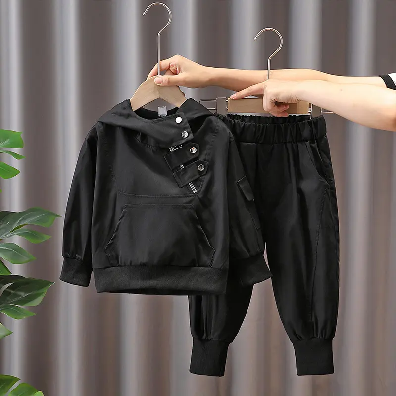 중국 패션 댄스 소년 고급 캐주얼 후크 지퍼 재킷 코트 버튼과 바지 2 조각 운동복 의류 세트