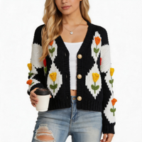 Cardigan en tricot à col en V pour femme, motif losanges, broderie florale 3D tulipe, coupe courte, style vintage doux, printemps