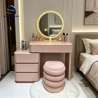 Ensemble de coiffeuse rose brillant avec miroir à LED à volants et armoire à 3 tiroirs