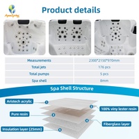 Bain à remous de luxe pour 6 personnes en acrylique, 2,3 m, spa extérieur, 176 jets de massage, système de contrôle Balboa, ozone, LED, jacuzzi, bacs de spa