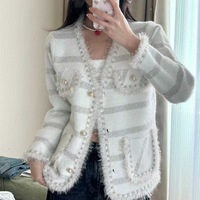 Cárdigan elegante a rayas con cuello en V para mujer, ropa de invierno informal de diseño antiarrugas de un solo pecho de alta calidad con bolsillos