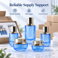 Set Kemasan Perawatan Kulit Kaca Biru 30g 50g 40ml 100ml 120ml Botol Krim Losion Toner Kosmetik