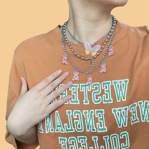 Collar en capas con dijes de mariposa y oso, aleación de zinc, cadena múltiple, joyería de moda para mujer, regalo. - Product Image 4