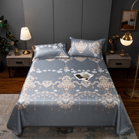 Soldes Exceptionnelles Ensemble de Draps Plats Coréens Trois Pièces en Soie Glacée Rafraîchissante pour l'Été, Design Floral Lavable, Taille King, Accessoire de Massage pour Lit